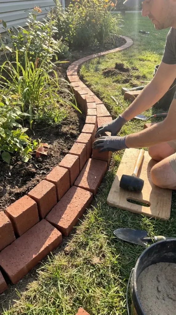 laying brick garden edging in simple beginner patterns for curved flower bed borders