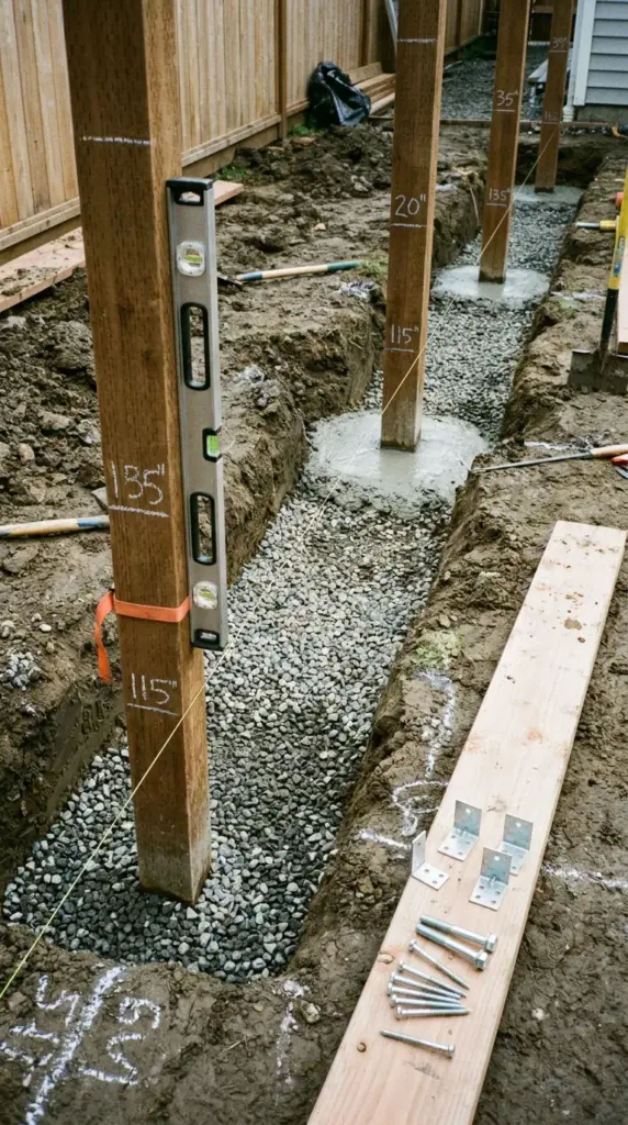 Proper fence post depth, concrete footings, post spacing, and galvanized hardware for a durable fence