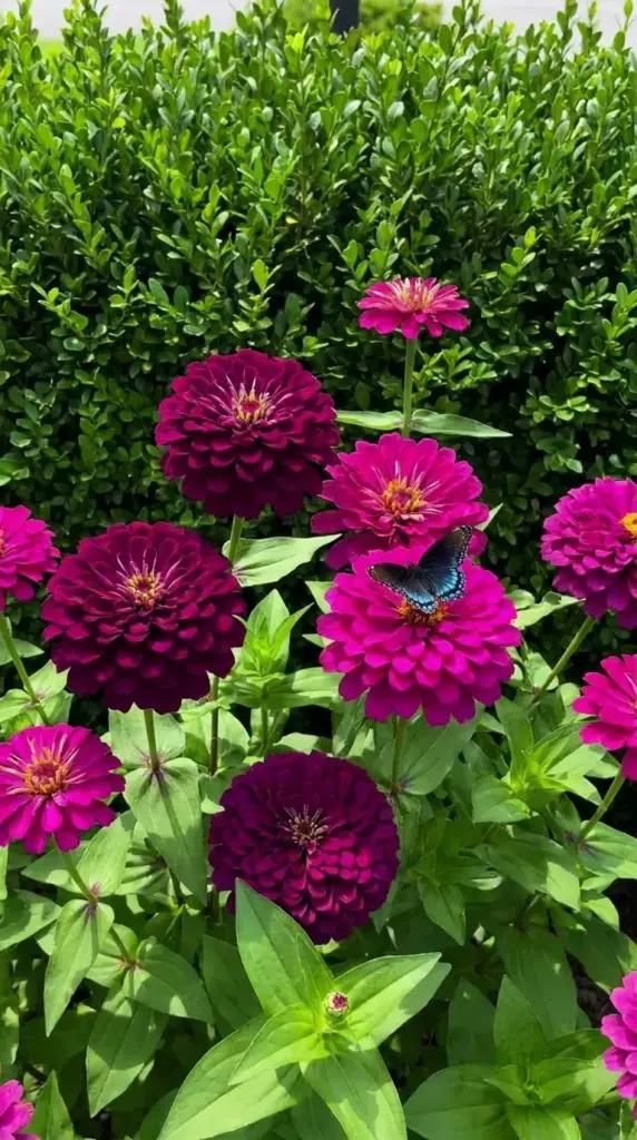 Bright jewel-toned Uproar Rose zinnias attracting a butterfly against a dark green boxwood hedge.