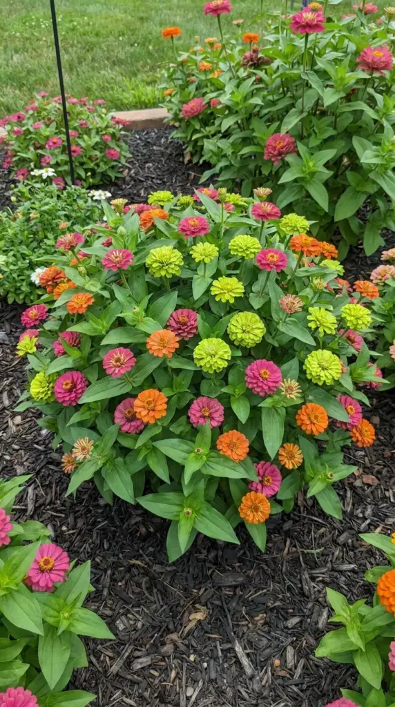 A healthy blooming zinnia plant with heavy flower bud development from proper fertilizer balance.