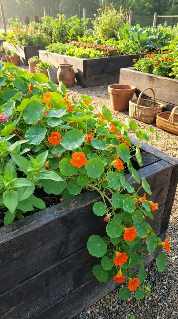 Trailing orange nasturtiums spilling over a raised bed edge next to healthy zinnia plants.