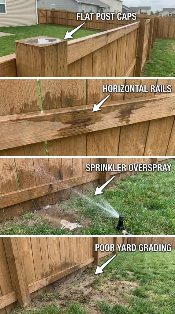 Fence design flaws that trap water including flat caps, horizontal rails, sprinkler overspray, and poor yard grading