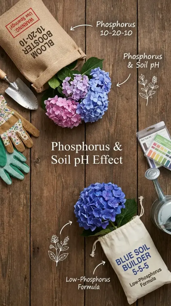 Hydrangea fertilizer choices showing how high phosphorus can turn blue hydrangeas pink