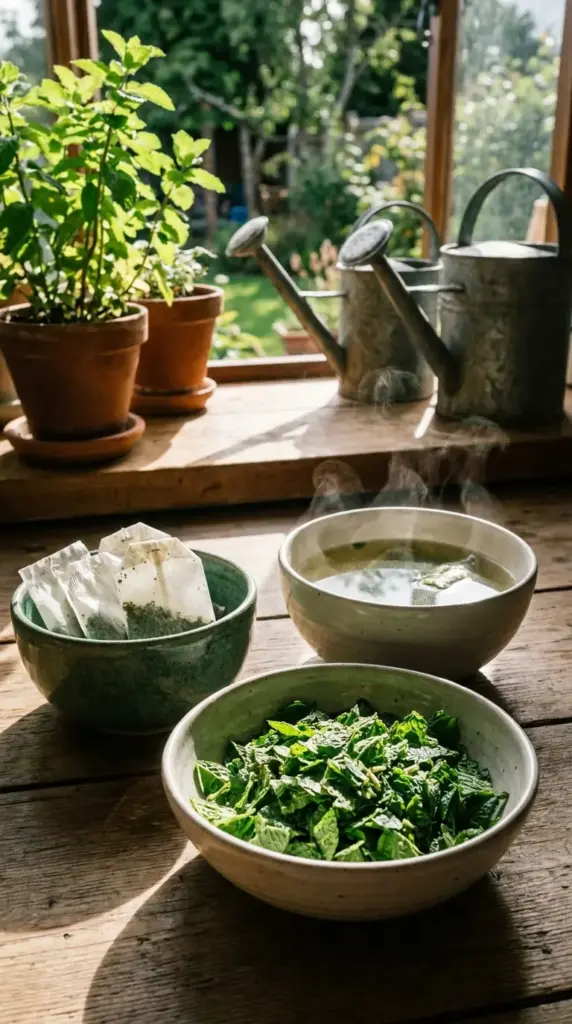 Mint mosquito repellent with peppermint tea bags and crushed leaves for quick household bug control
