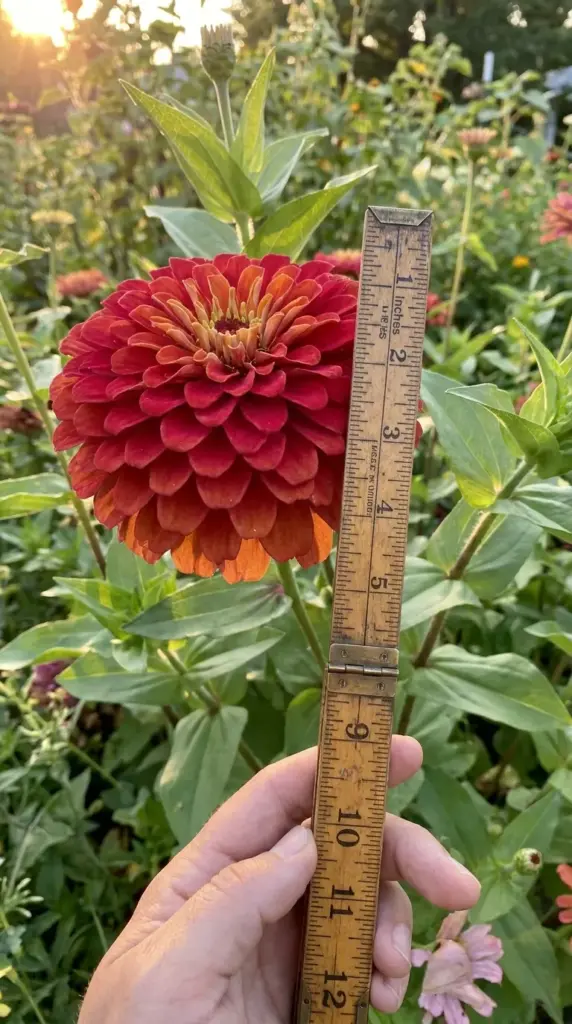 Measuring a massive dinner-plate-sized giant zinnia bloom grown with growth-boosting zinc.