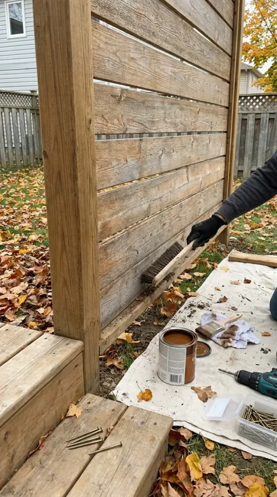 maintaining a cedar fence picket privacy screen with cleaning and stain touch-ups