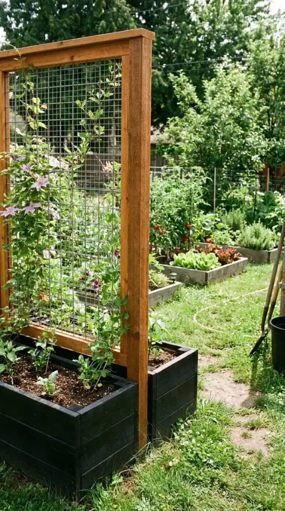 wood-and-wire garden privacy barrier with climbing plants for a living privacy wall