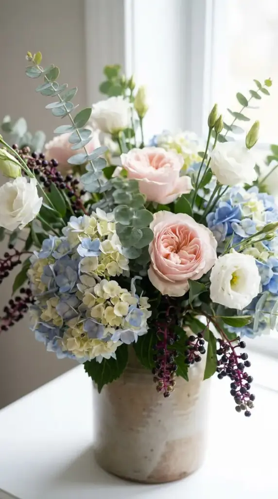 adding filler flowers and foliage to a hydrangea bouquet without overstuffing