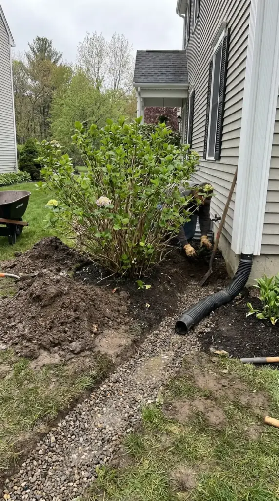 Fixing drainage around an established hydrangea with regrading, trenching, and downspout redirection