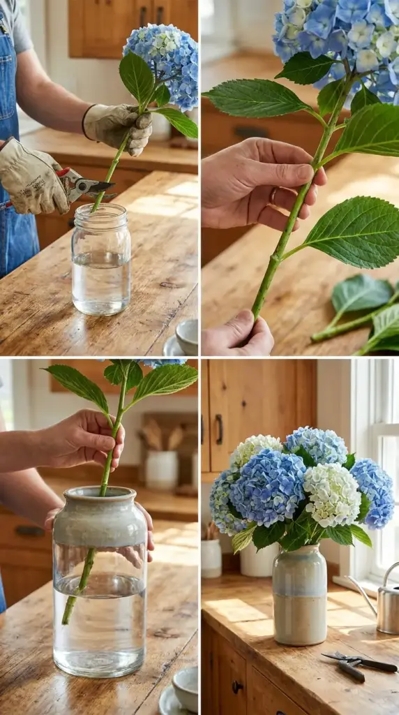 step by step hydrangea arrangement with stem recut technique and indoor vase styling