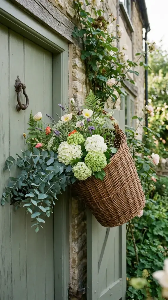 Asymmetrical door basket with hydrangeas, eucalyptus, and wildflowers for front door decor