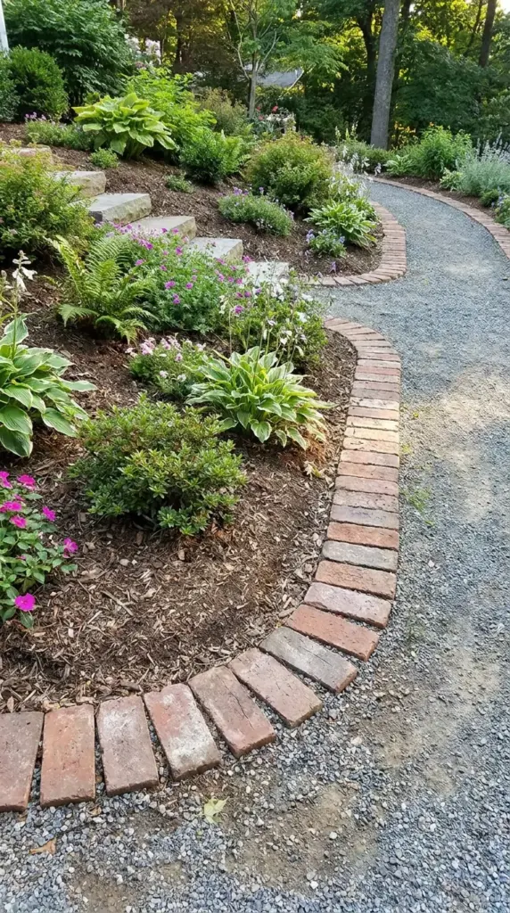 Curved and sloped lawn edging brick installation with clean corners and even spacing