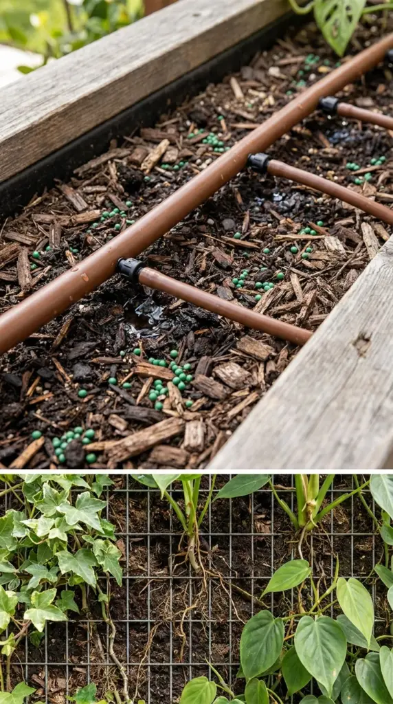 Drip irrigation, soil, and fertilizer setup for a healthy living wall fence and vertical garden privacy screen