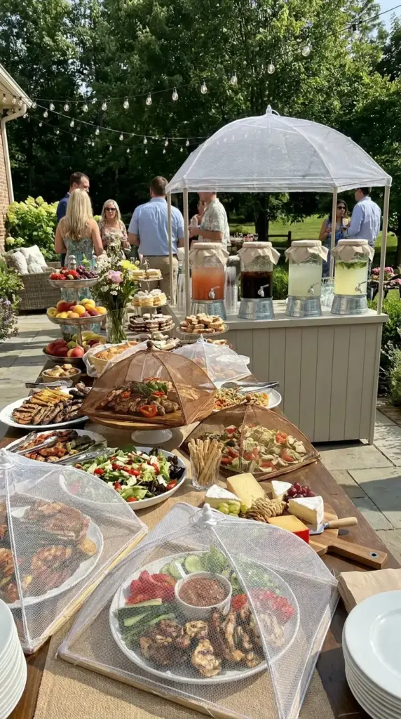 Mesh food covers and bug-proof drink station ideas for a backyard BBQ or outdoor wedding