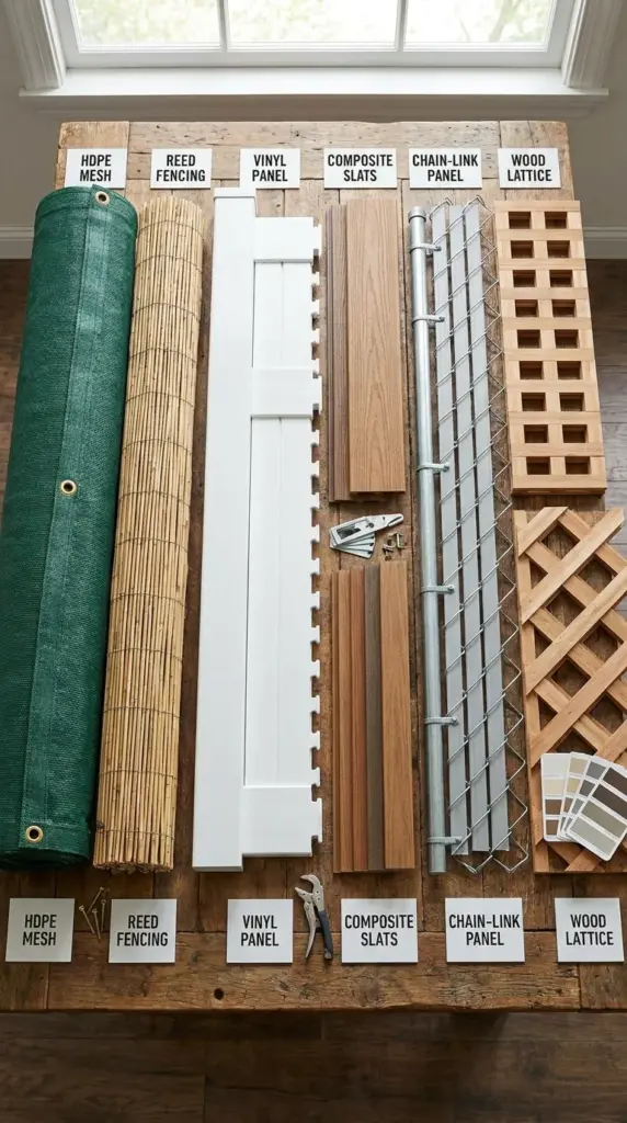comparison of HDPE privacy screen reed fencing vinyl no dig fence and chain link materials
