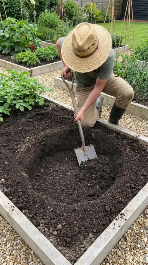 Step-by-step hydrangea planting process with soil prep, correct planting depth, watering, and mulch