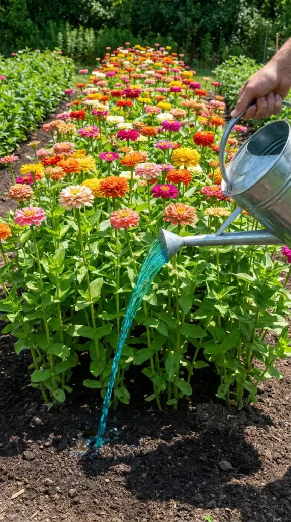 Watering a uniform row of cut flower zinnias with Jack's Classic 20-20-20 soluble plant food.