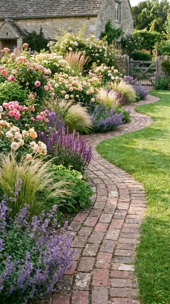 Curved serpentine red brick edging around a mixed perennial English garden border