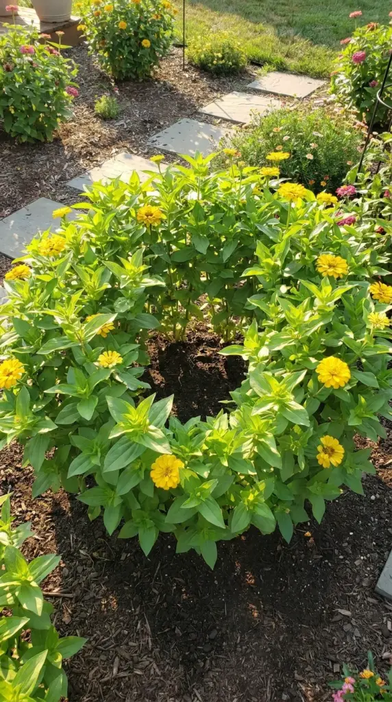 Center canopy clearing on a bushy zinnia plant to improve air circulation and prevent disease.