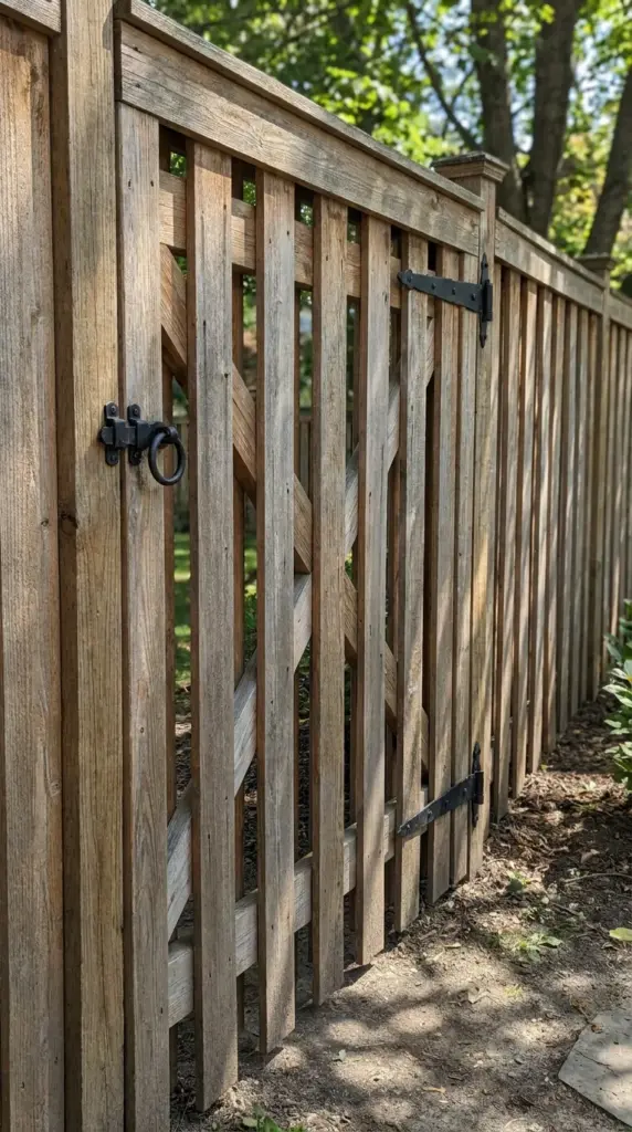 Shadowbox fence gate with diagonal brace, heavy-duty hinges, and secure latch