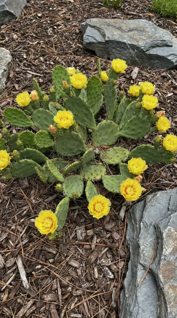 Cold hardy Eastern prickly pear cactus blooming with bright yellow flowers in a native rock garden.