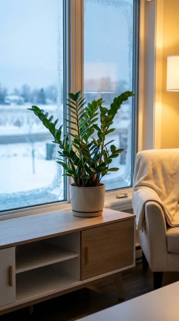 A thriving houseplant placed safely away from a cold winter window sill to protect its root system from drafts.