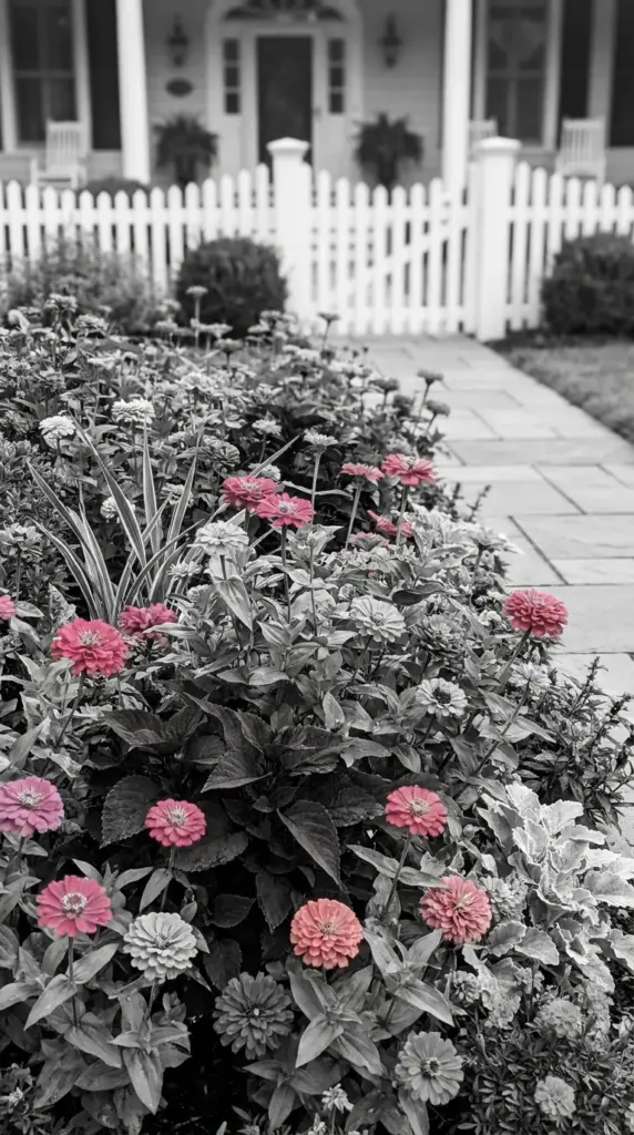 All-pink zinnia statement bed with layered pink tones and contrasting foliage for designer curb appeal