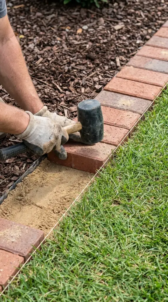 Setting brick lawn edging flush and level for a mower-friendly garden border