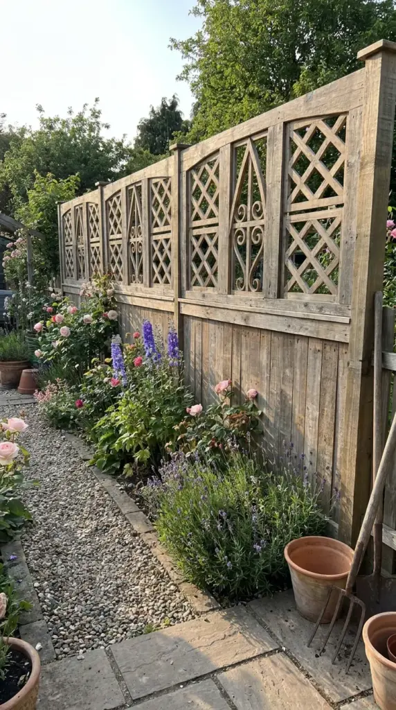 Decorative pallet fence with cutouts and top panels for stylish privacy fencing