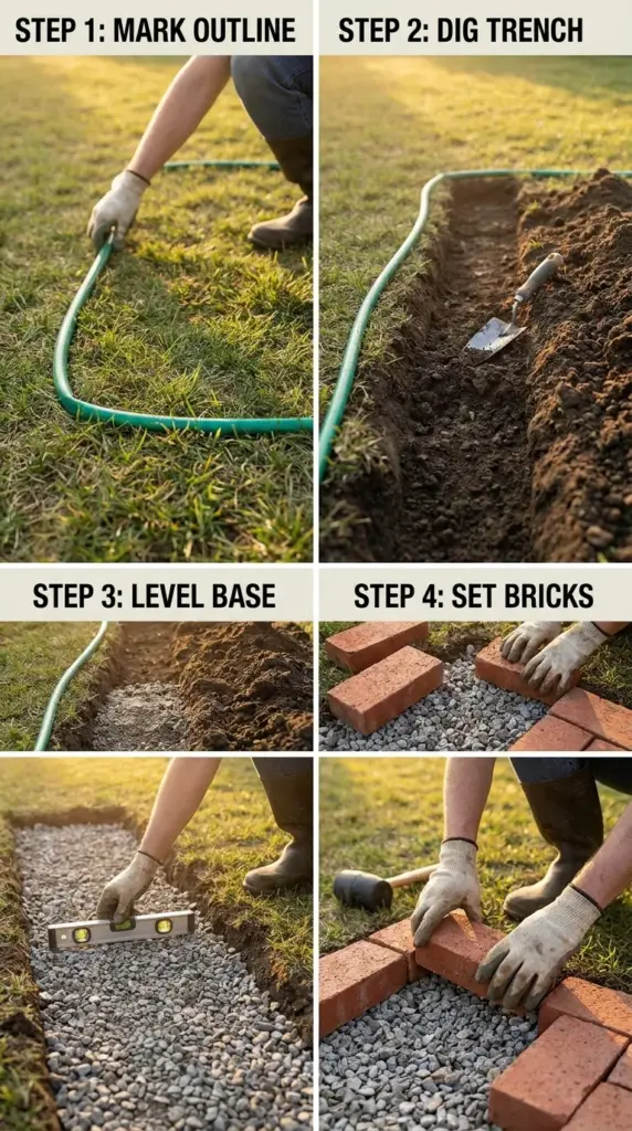 DIY brick border installation process for a flower bed with trenching, leveling, and brick placement