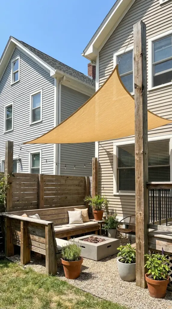 shade sail privacy for small backyard patio blocking views from close upstairs neighbors