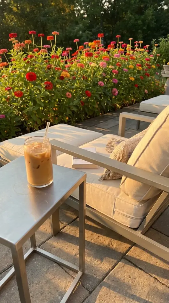 Relaxing summer patio view overlooking a vibrant backyard garden filled with blooming zinnias.