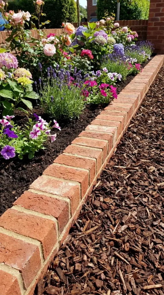 finished DIY brick flower bed border with mulch and clean professional garden edging