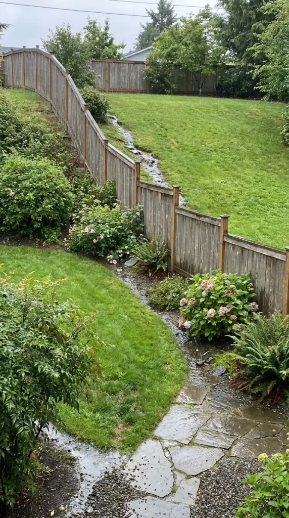 Racked fence vs stepped fence on a sloped yard with drainage around fence posts