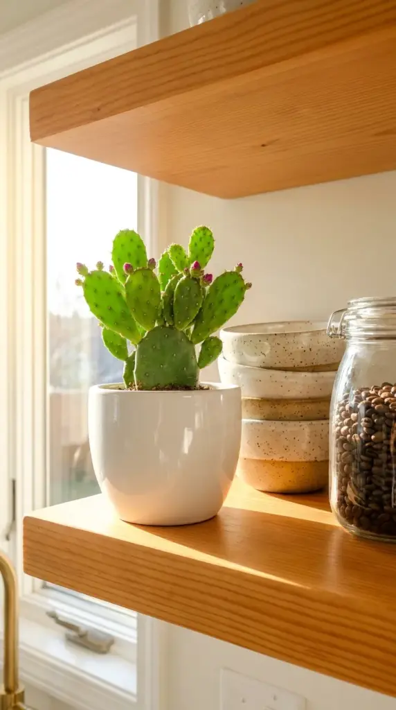 Small potted prickly pear cactus on a bright floating kitchen shelf.