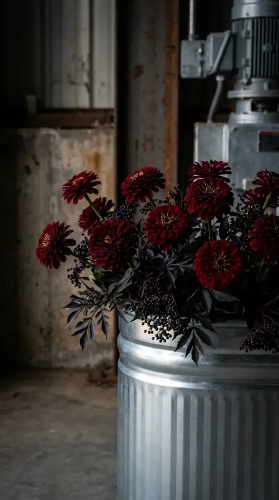 Dark gothic Oklahoma Carmine zinnias growing alongside dark foliage in a modern industrial metal planter.