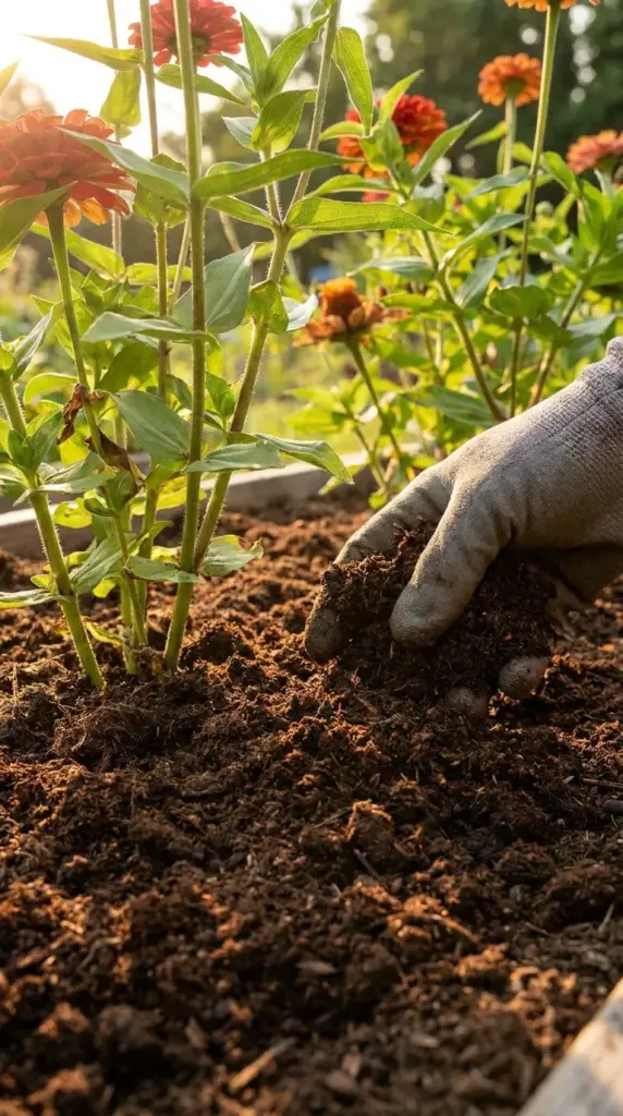 Top-dressing a zinnia garden bed with fresh organic compost mid-summer to sustain blooming.