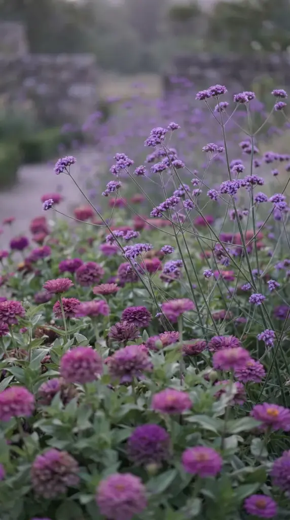 Tall, see-through stems of purple verbena floating gracefully above a bed of double-petal zinnias.