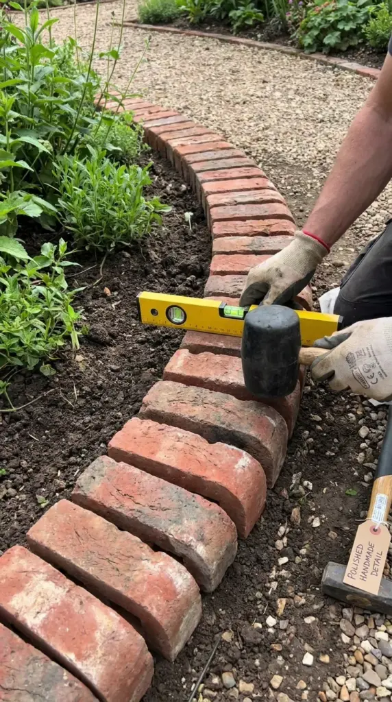 Checking spacing height and alignment for evenly installed curved brick edging
