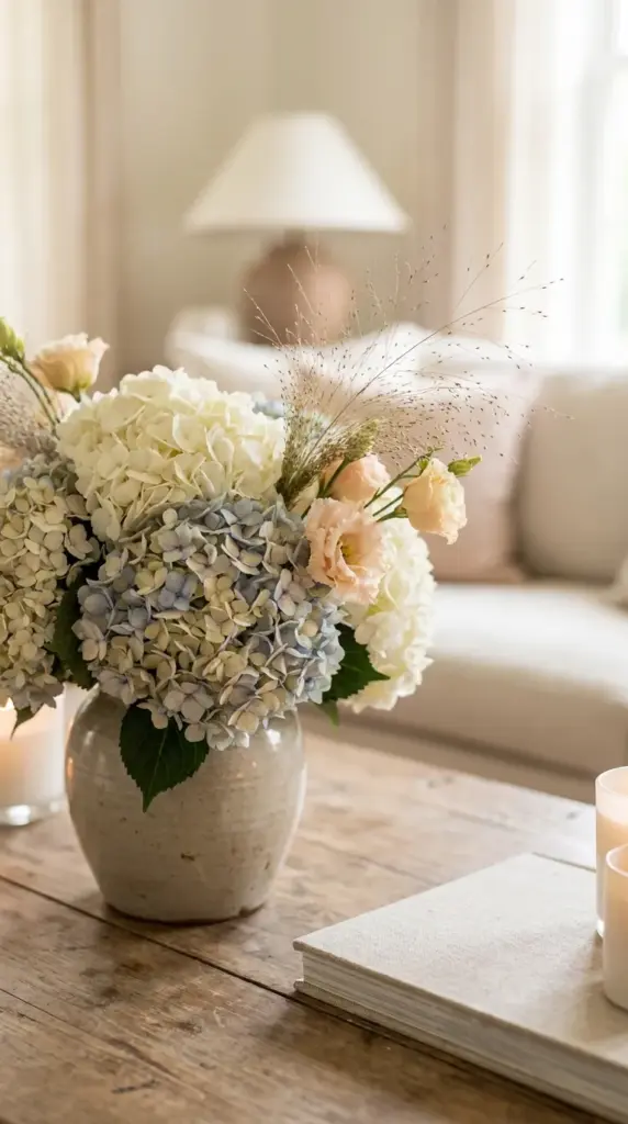 Hydrangea bouquet with one contrasting floral accent for added texture depth and organic floral styling