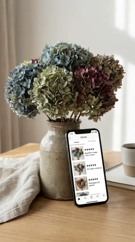 dried hydrangea bouquet reviews with customer photos showing real color size and packaging quality