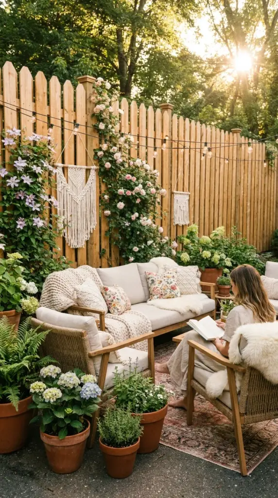 cozy backyard transformed by a cedar fence picket privacy screen and planters