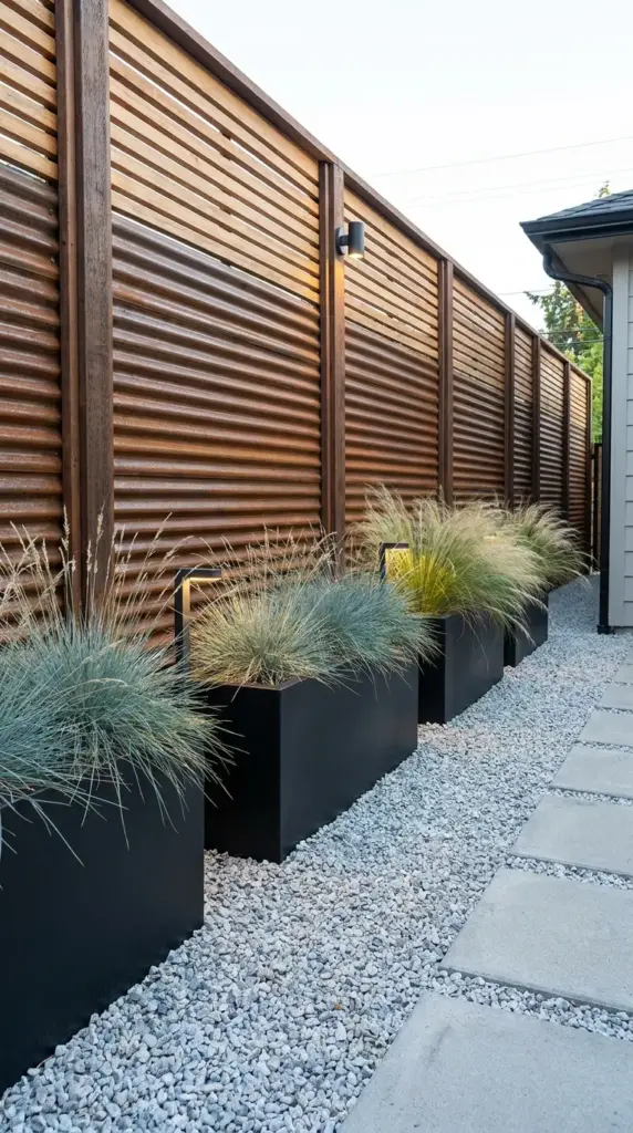 corrugated metal privacy wall with wood frame for a modern budget backyard privacy screen