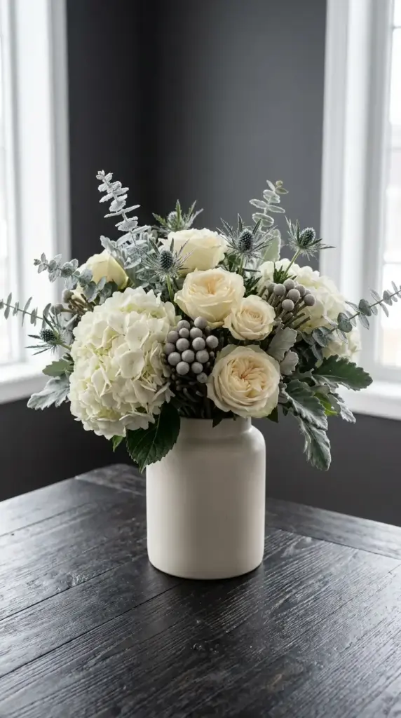 Winter hydrangea bouquet in white, ivory, and silver blue for modern holiday decor and elegant floral arrangements