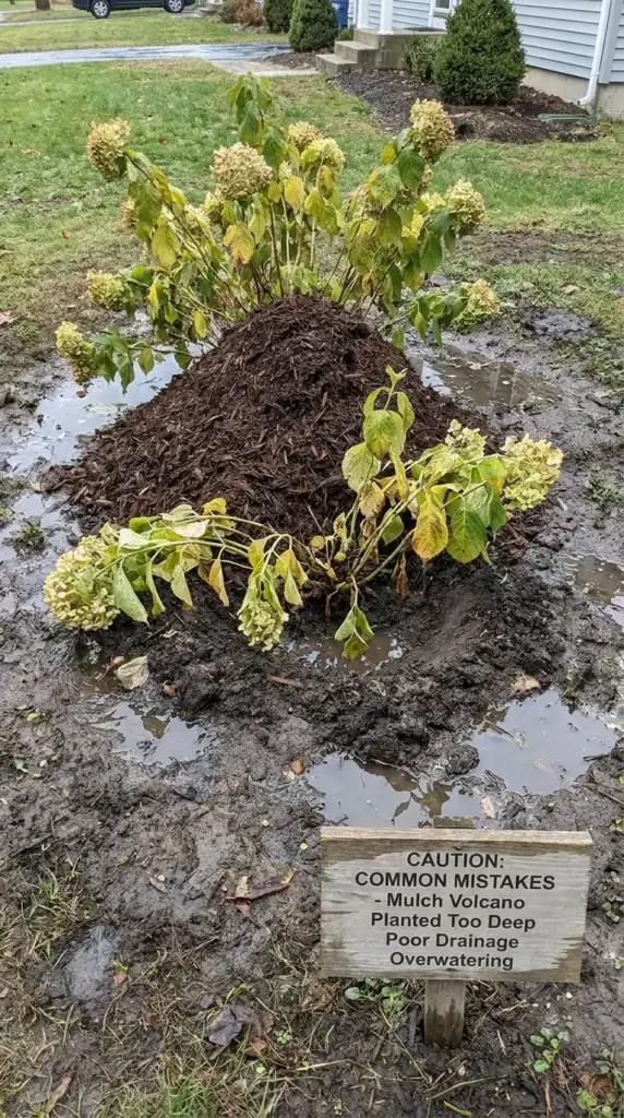Common hydrangea drainage mistakes like planting too deep, mulch against stems, and overwatering