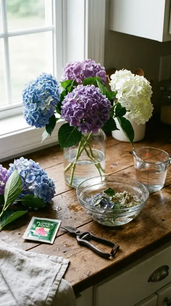 how to keep hydrangeas fresh with flower food clean water and rehydrating wilted hydrangeas