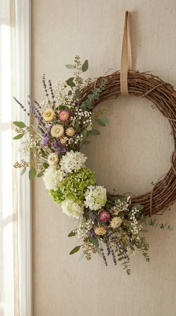 Wildflower-heavy wreath with hydrangea accents and seeded eucalyptus for boho floral decor