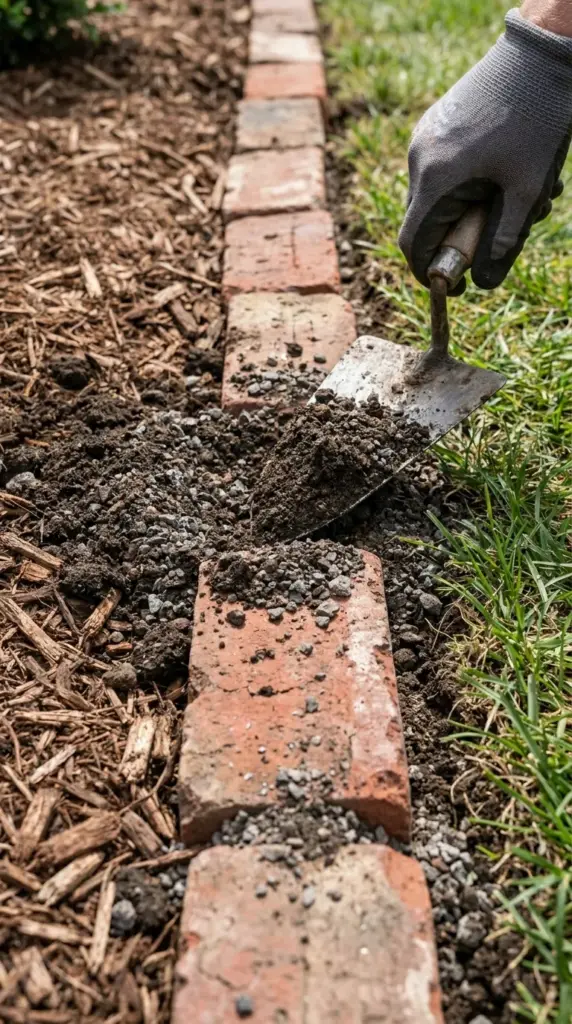 Backfilling lawn edging bricks with soil and stone dust to lock them in place naturally