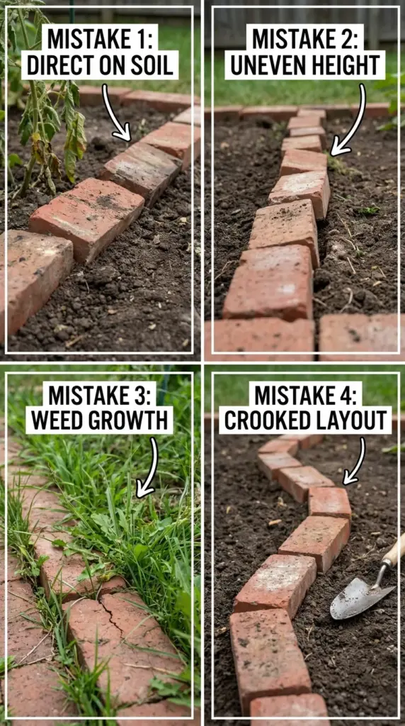 Common brick border mistakes like poor base prep, uneven edging, weeds, and crooked garden border layout