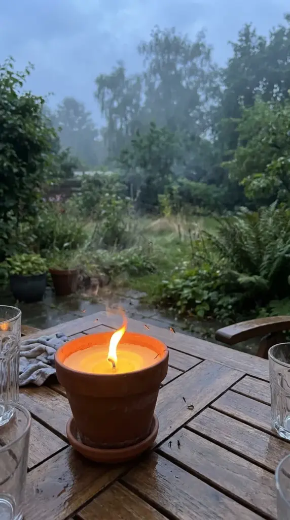 Citronella candle myth in a damp backyard where mosquitoes still thrive despite common mosquito control advice